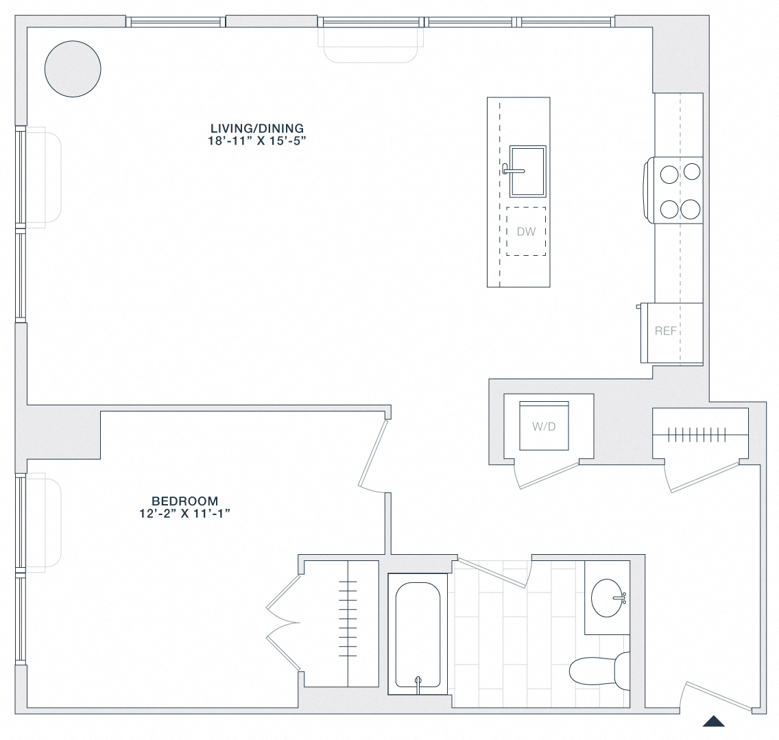 Floor plan for 1 bed, 1 bath, 850 sqft