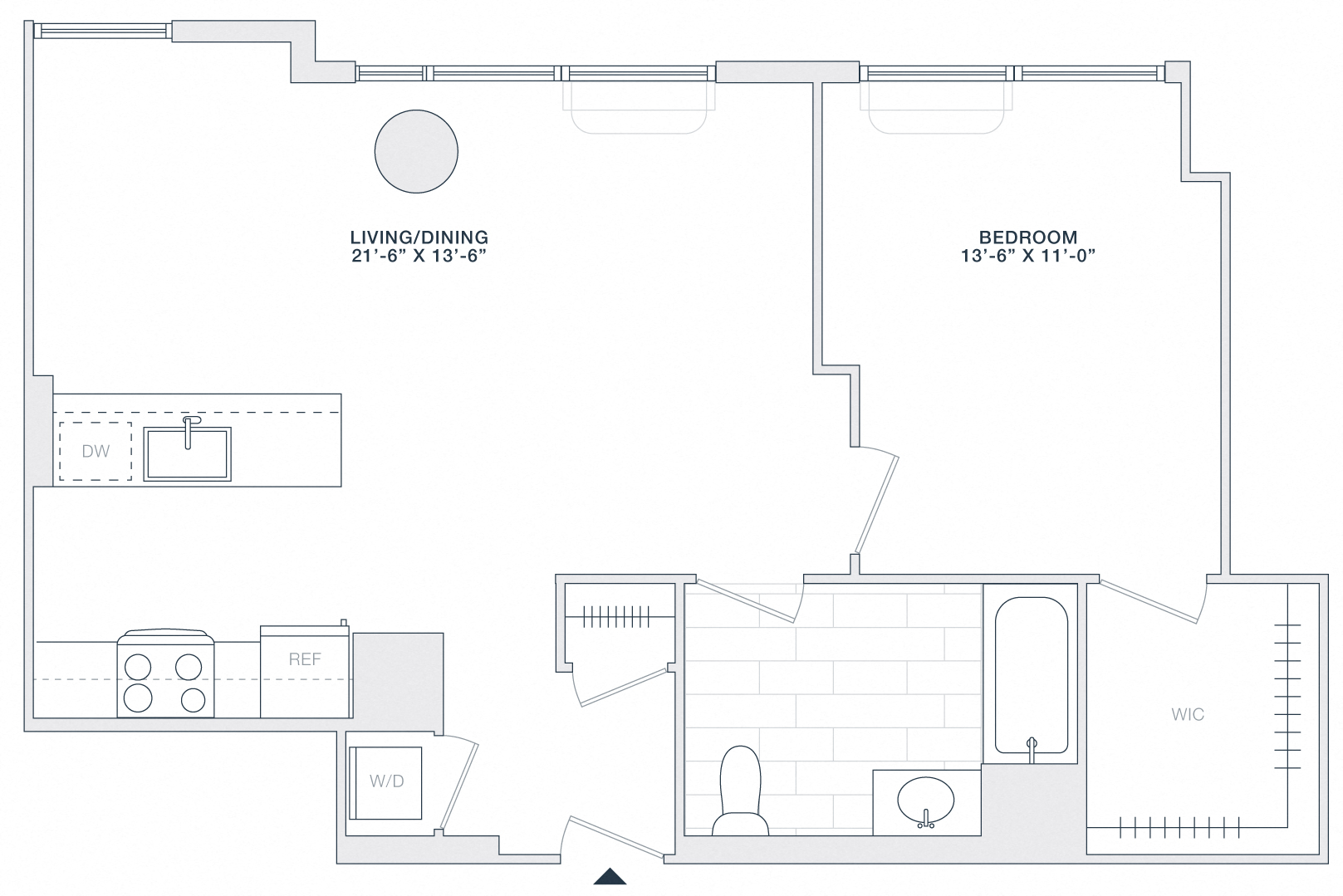 Floor plan for 1 bed, 1 bath, 740 sqft