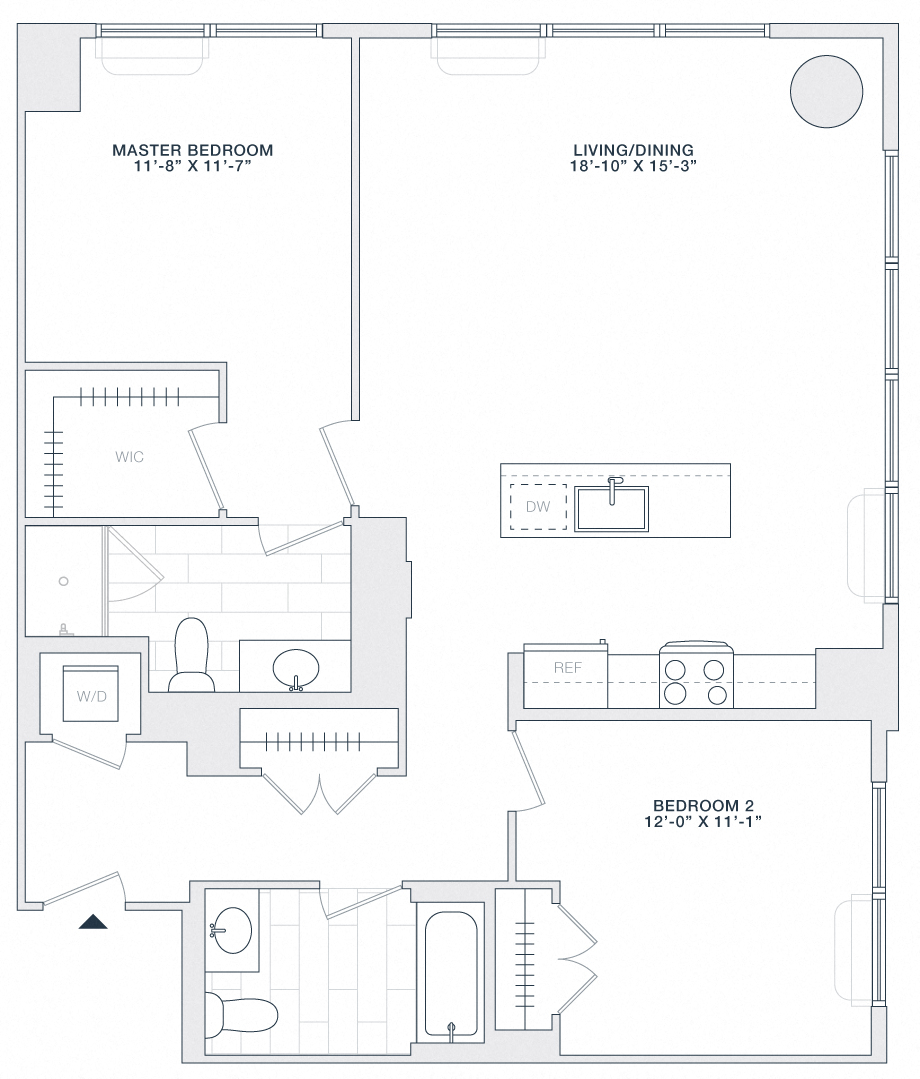 Floor plan for 2 beds, 2 baths, 1135 sqft