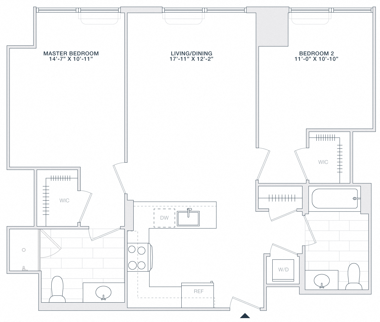 Floor plan for 2 beds, 2 baths, 1000 sqft