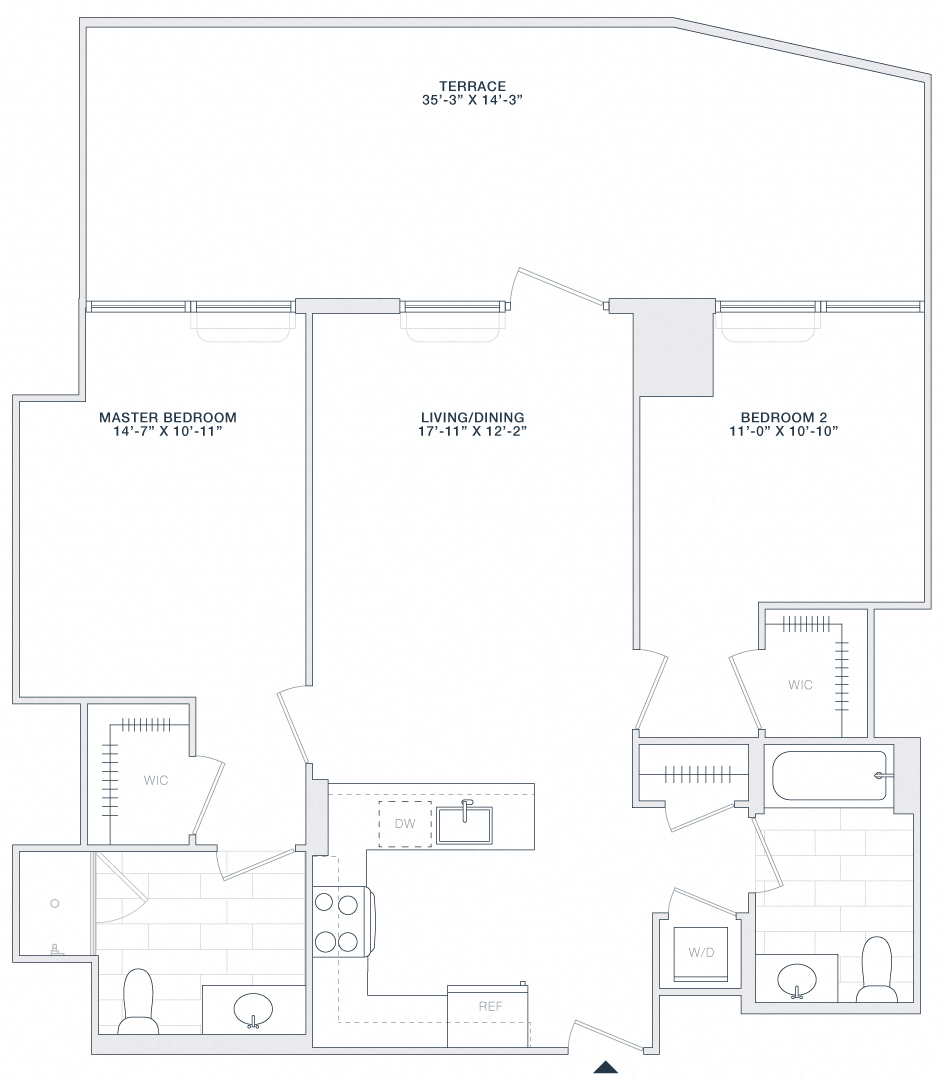Floor plan for 2 beds, 2 baths, 1000 sqft