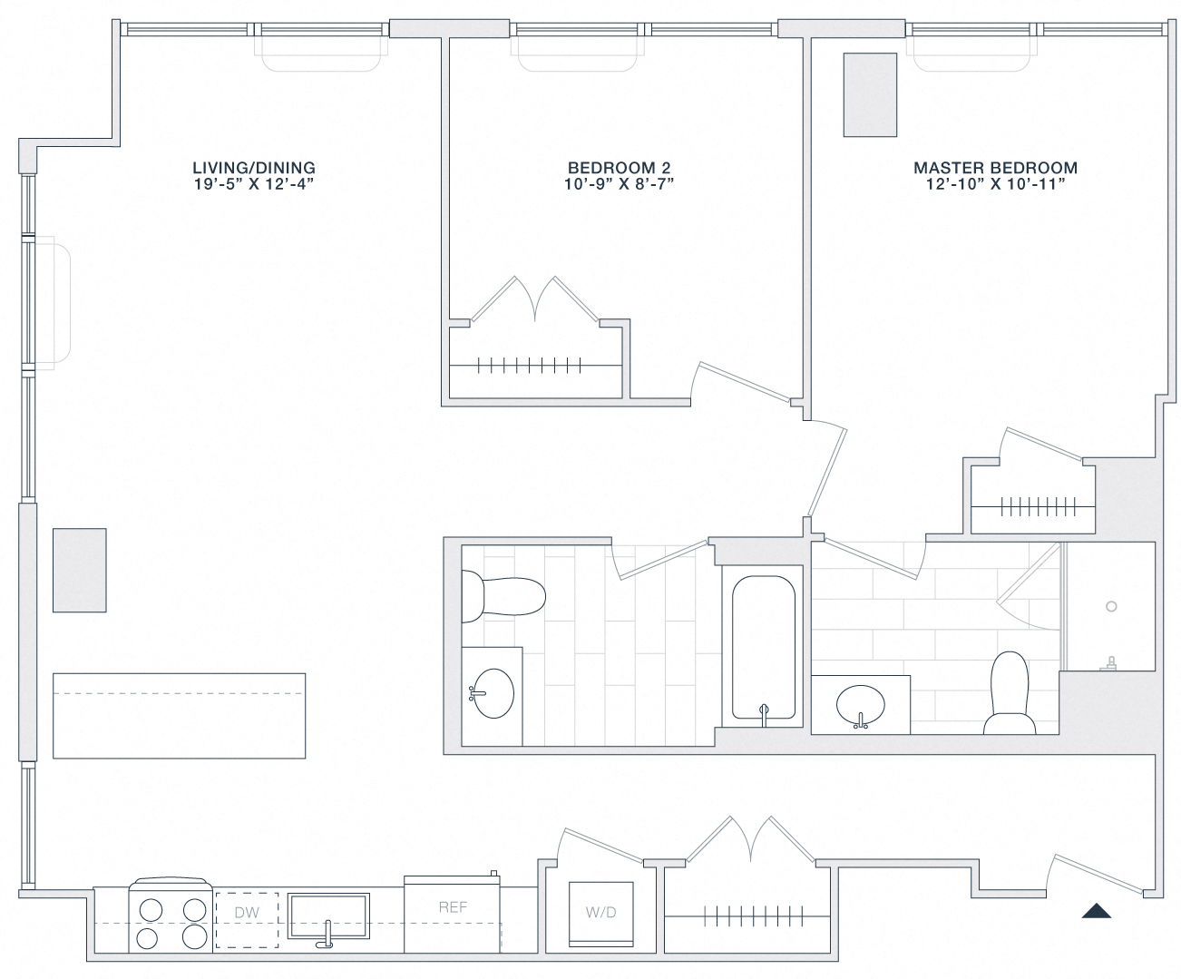 Floor plan for 2 beds, 2 baths, 950 sqft