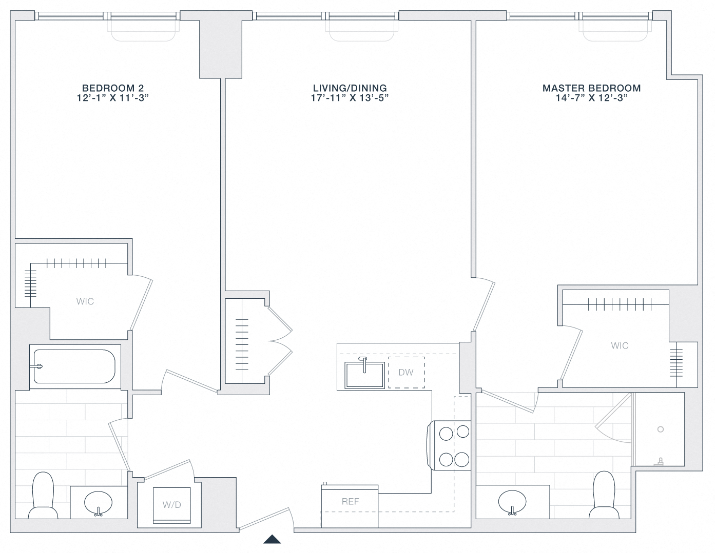Floor plan for 2 beds, 2 baths, 1100 sqft