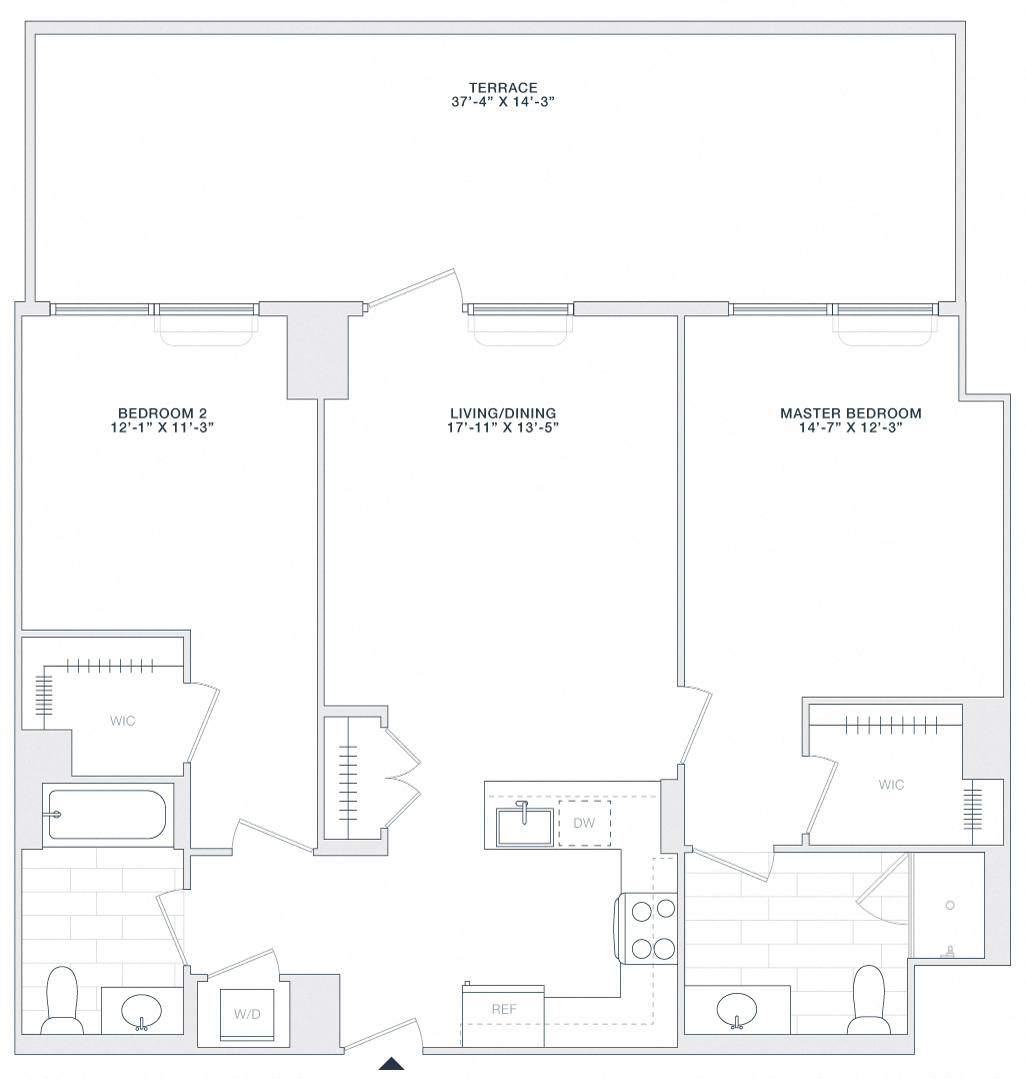 Floor plan for 2 beds, 2 baths, 1100 sqft