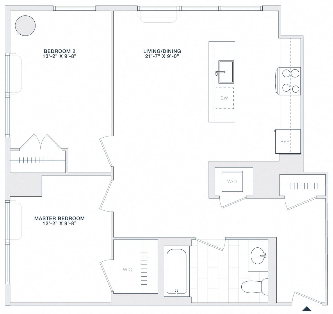 Floor plan for 2 beds, 1 bath, 850 sqft