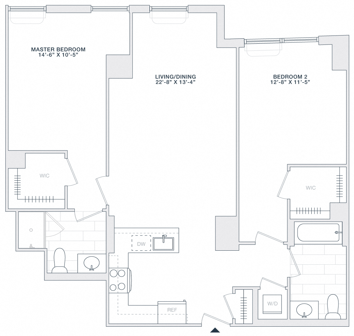 Floor plan for 2 beds, 2 baths, 1130 sqft