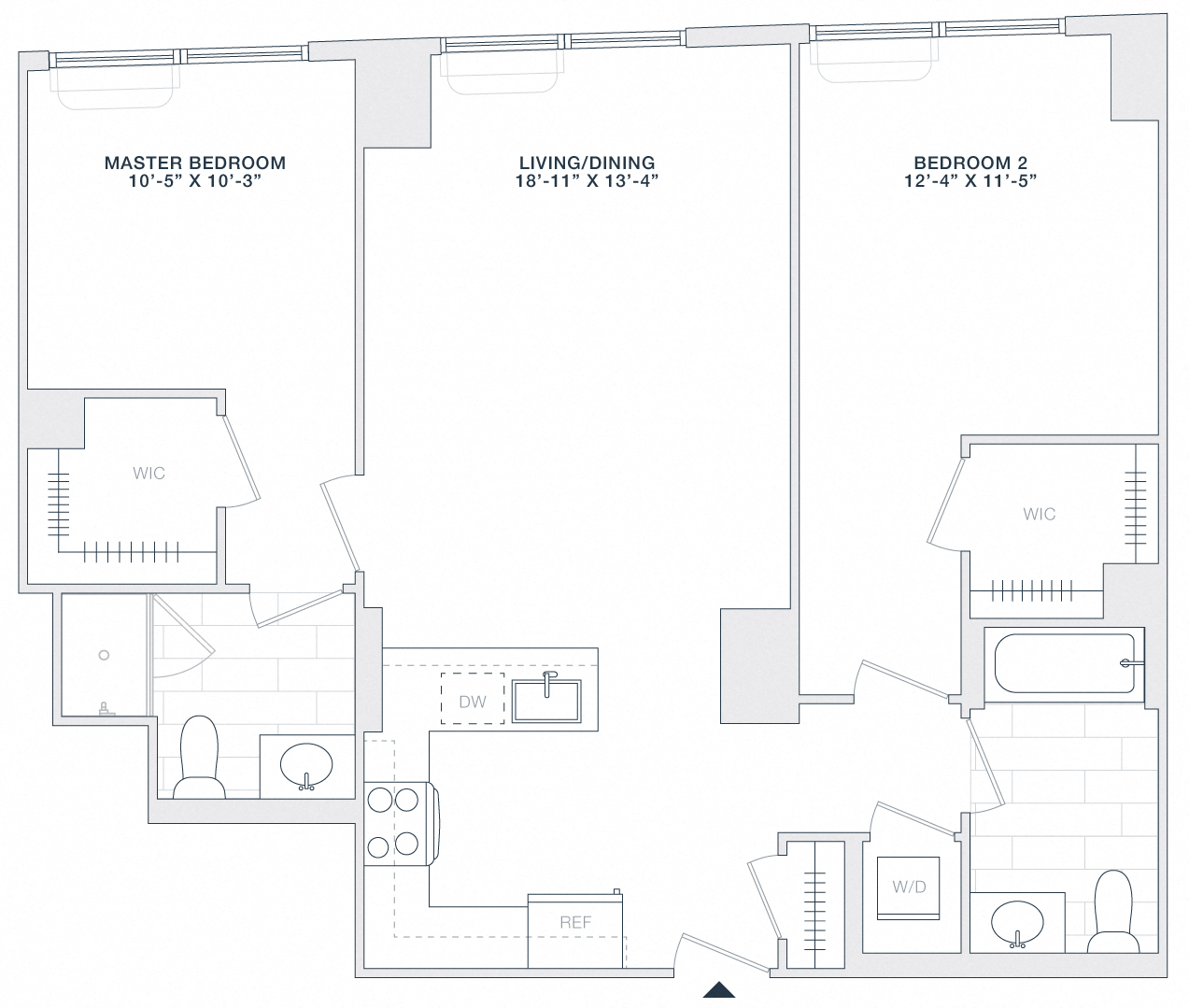 Floor plan for 2 beds, 2 baths, 1025 sqft
