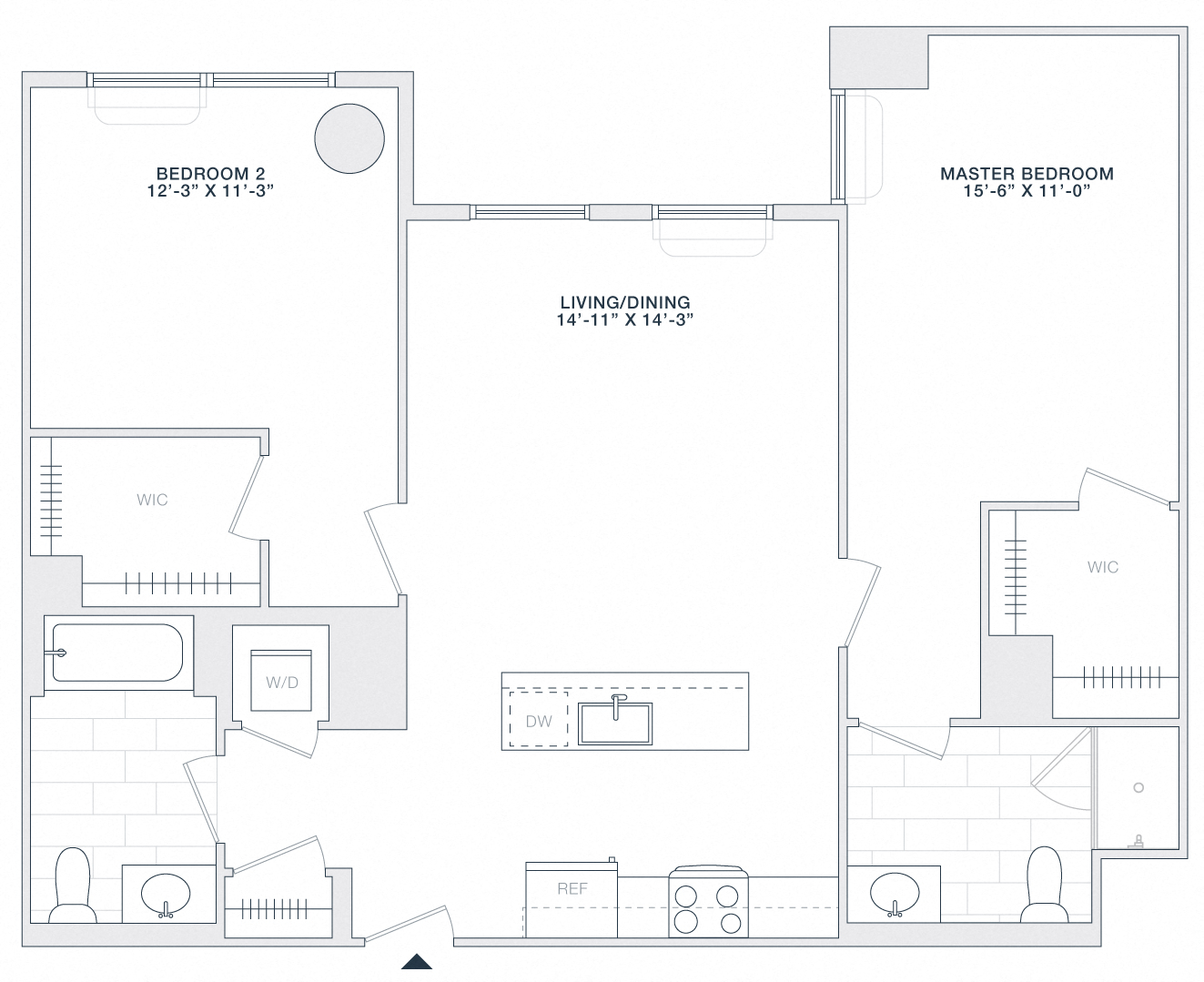 Floor plan for 2 beds, 2 baths, 1045 sqft