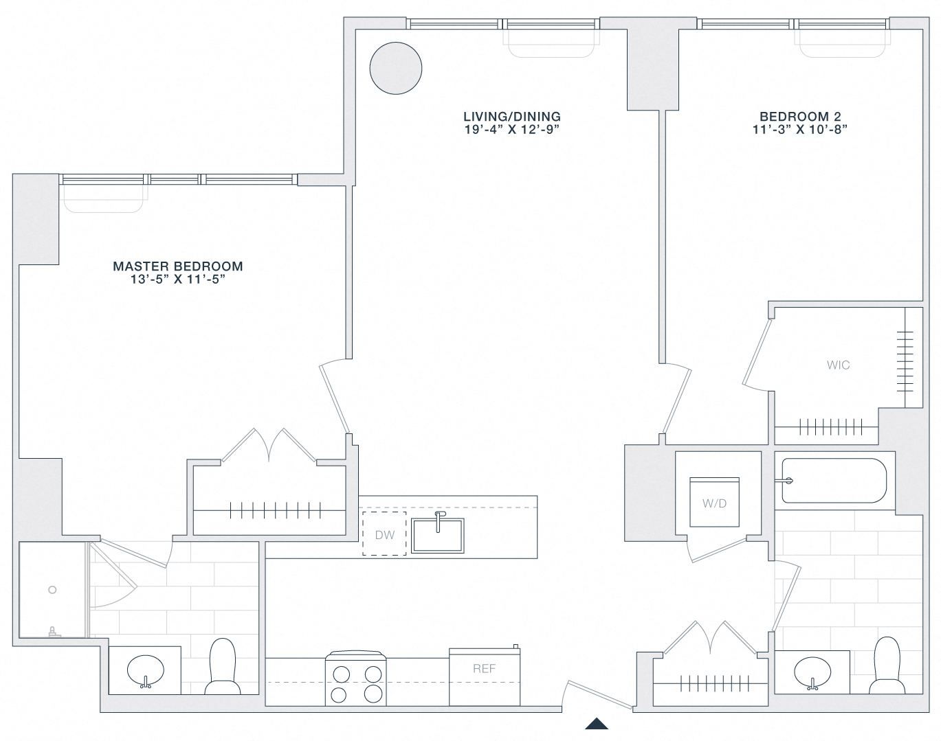 Floor plan for 2 beds, 2 baths, 990 sqft