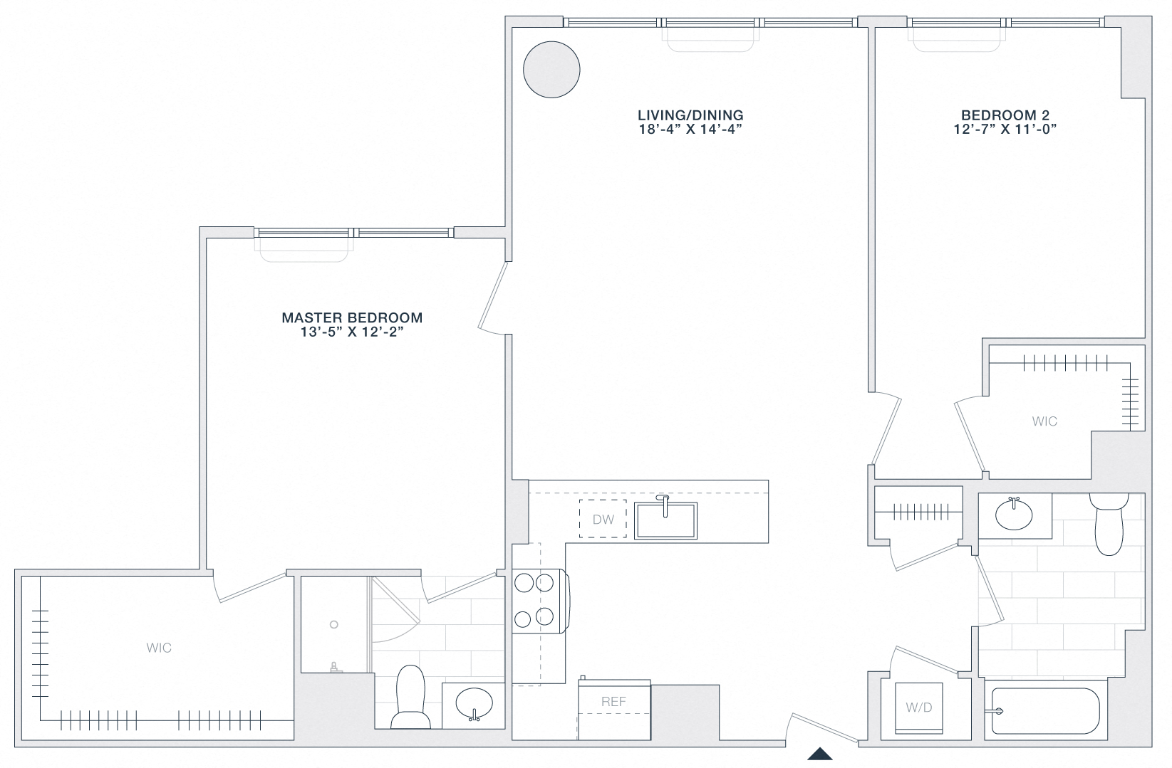 Floor plan for 2 beds, 1 bath, 1090 sqft