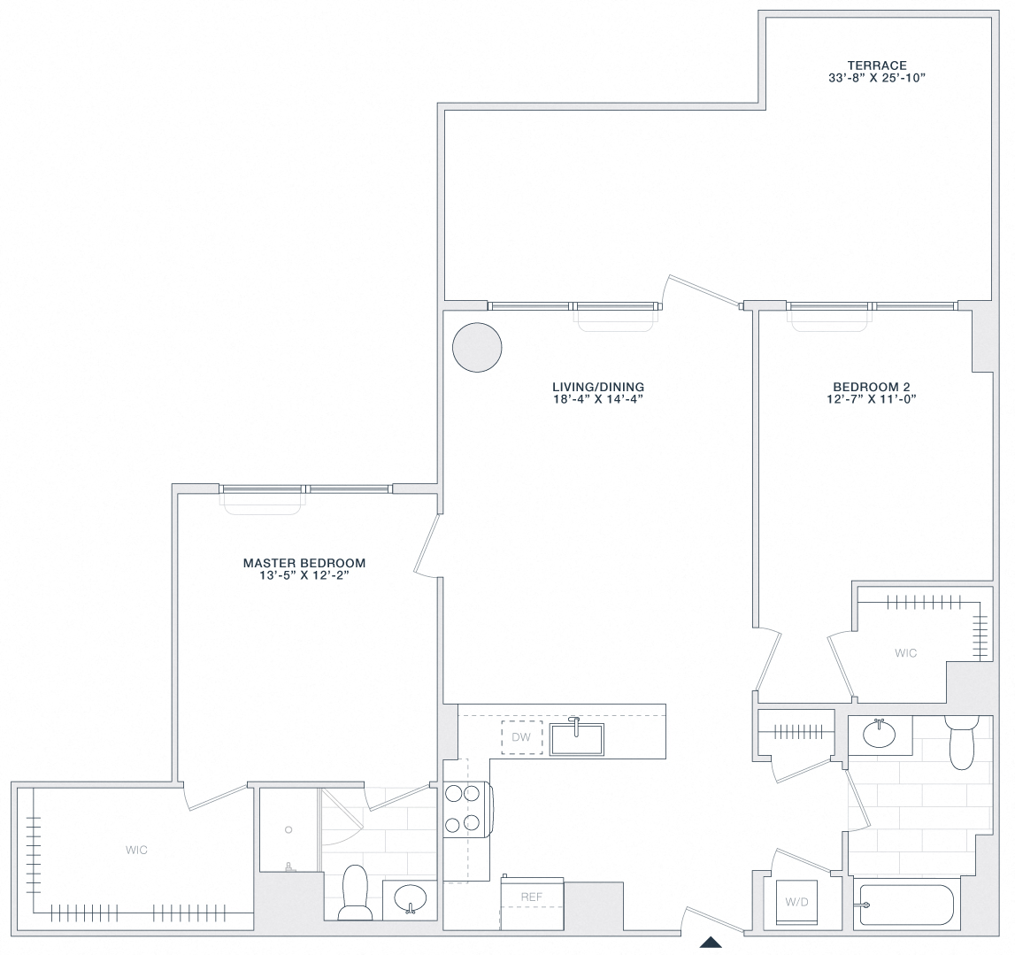 Floor plan for 2 beds, 1 bath, 1090 sqft