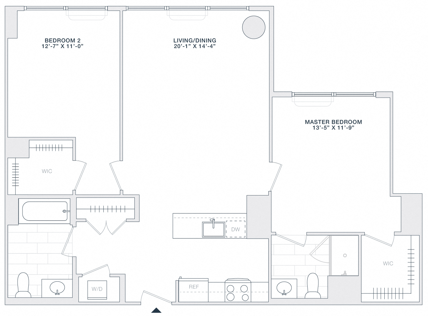 Floor plan for 2 beds, 2 baths, 1070 sqft