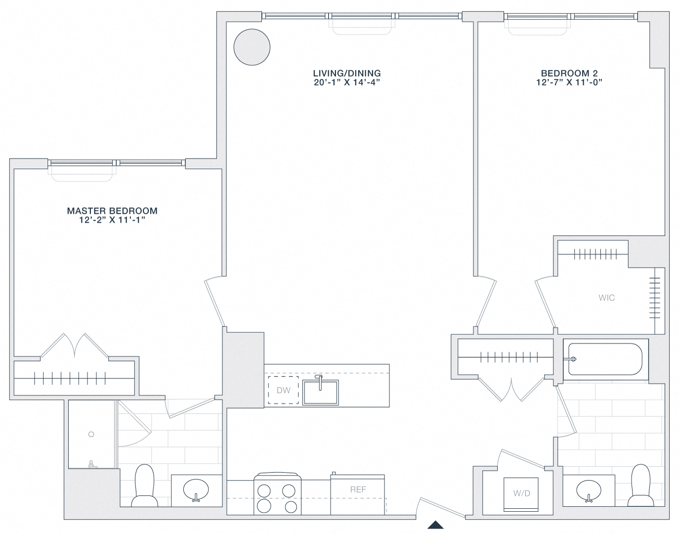 Floor plan for 2 beds, 2 baths, 1020 sqft