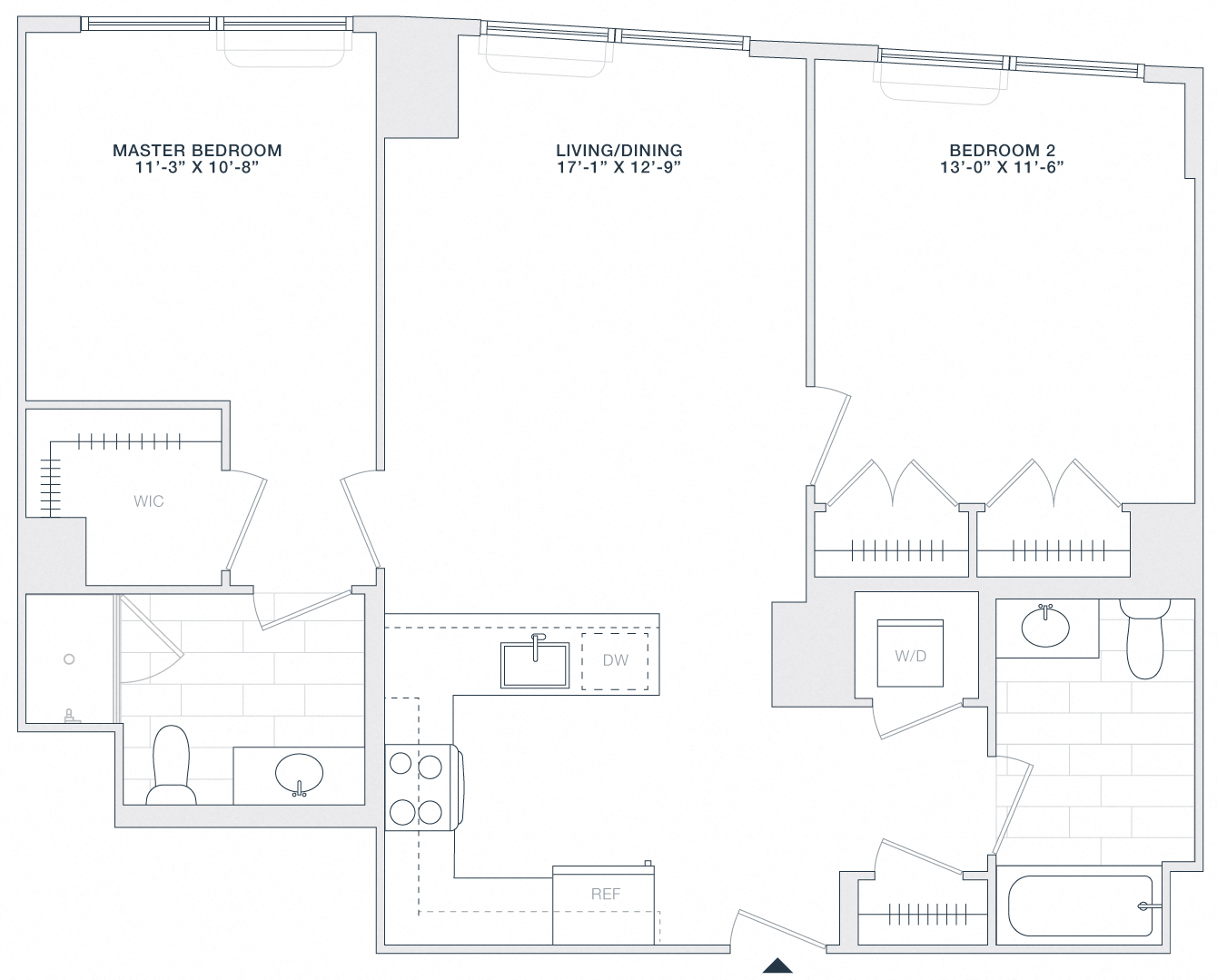Floor plan for 2 beds, 2 baths, 960 sqft