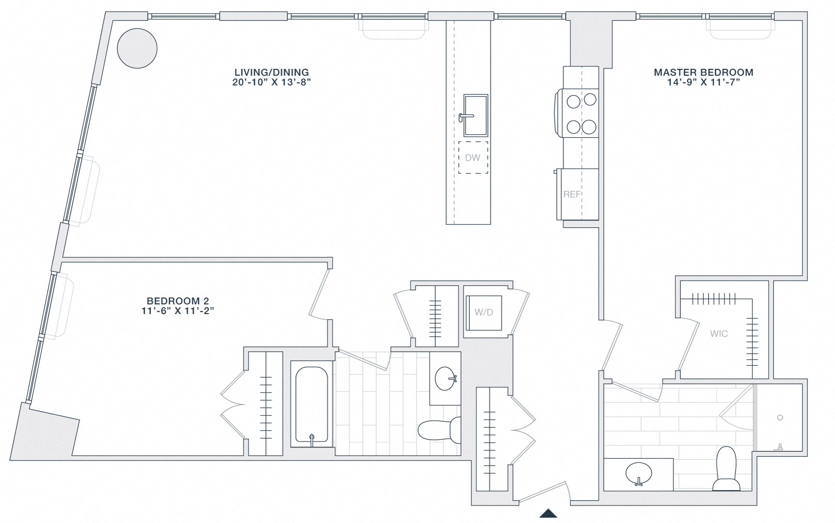 Floor plan for 2 beds, 2 baths, 1100 sqft