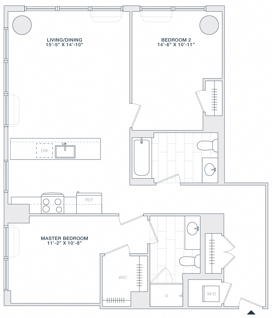 Floor plan for 2 beds, 2 baths, 1050 sqft