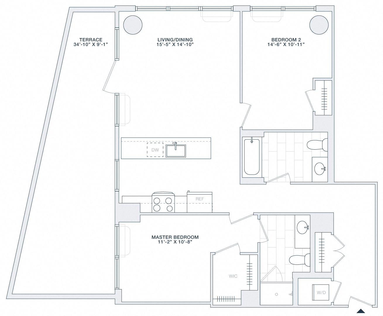 Floor plan for 2 beds, 2 baths, 1050 sqft