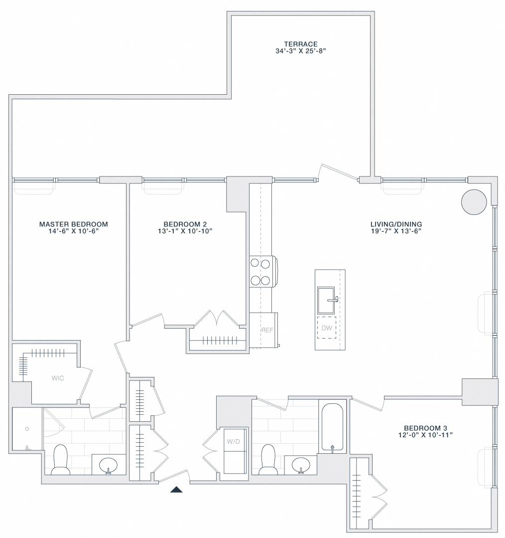 Floor plan for 3 beds, 2 baths, 1330 sqft
