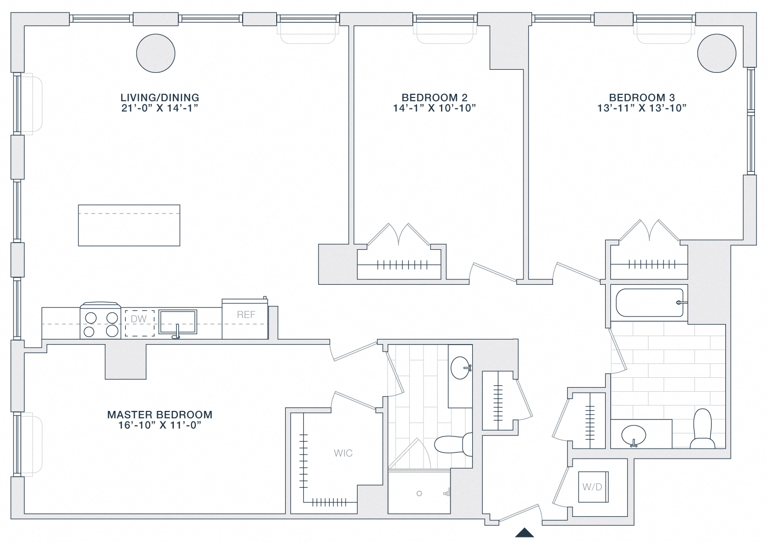 Floor plan for 3 beds, 2 baths, 1550 sqft