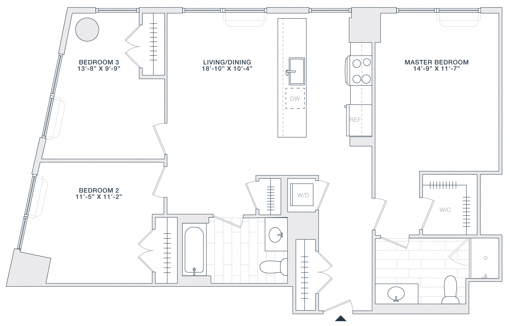 Floor plan for 3 beds, 2 baths, 1100 sqft