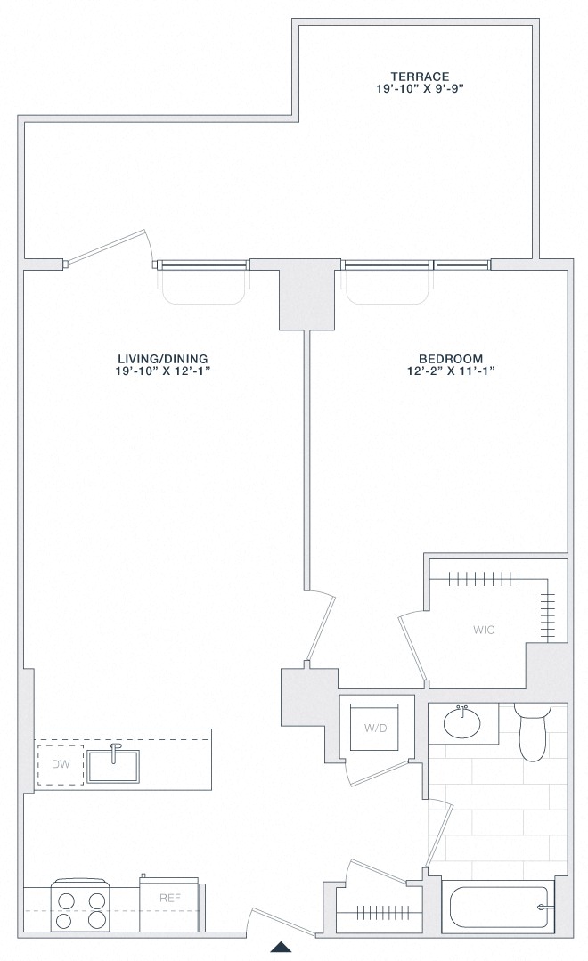 Floor plan for 1 bed, 1 bath, 710 sqft