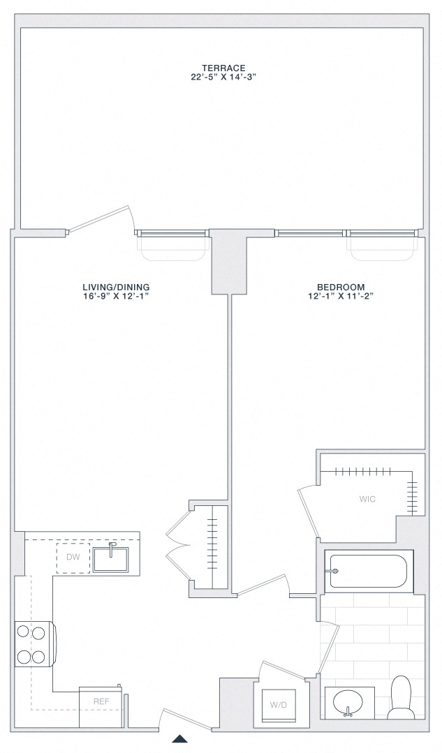Floor plan for 1 bed, 1 bath, 695 sqft