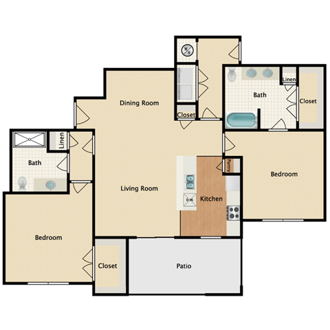 Floor plan for 2 beds, 2 baths, 1210 sqft