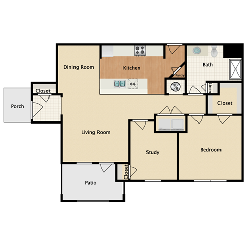 Floor plan for 1 bed, 1 bath, 948 sqft