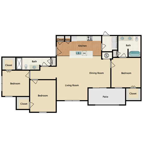 Floor plan for 3 beds, 2 baths, 1400 sqft