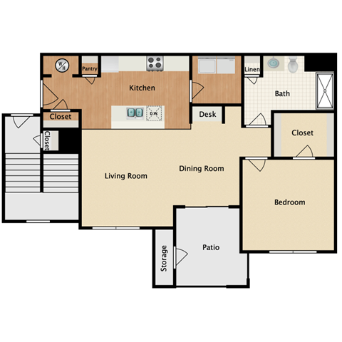 Floor plan for 1 bed, 1 bath, 841 sqft