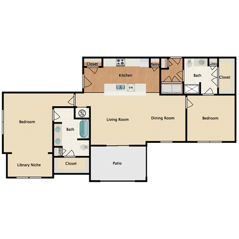 Floor plan for 2 beds, 2 baths, 1372 sqft