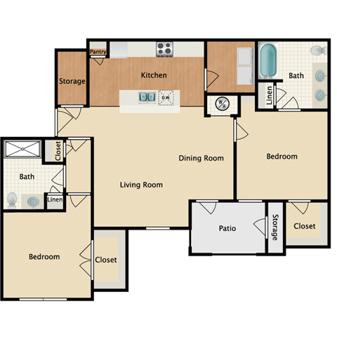 Floor plan for 2 beds, 2 baths, 1090 sqft