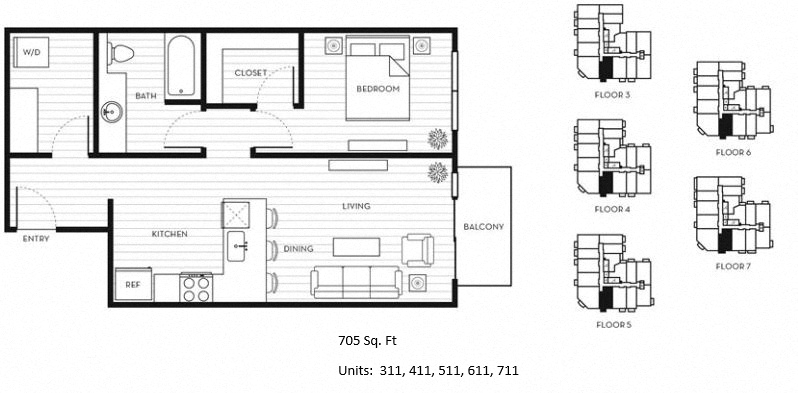 Floor plan for 1 bed, 1 bath, 705 sqft