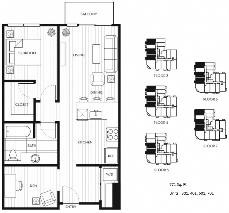 Floor plan for 1 bed, 1 bath, 771 sqft