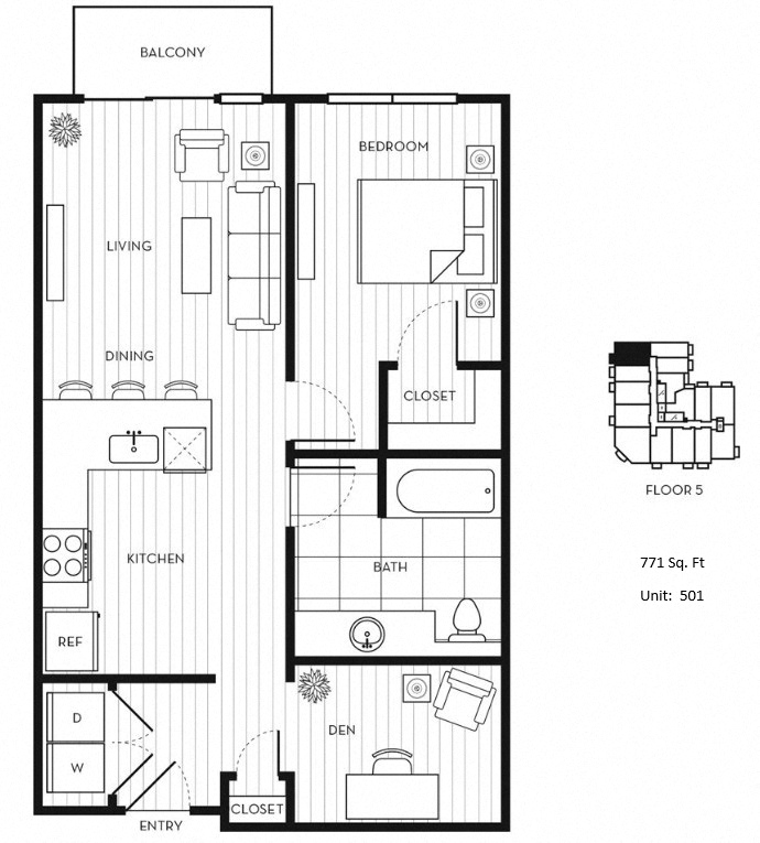 Floor plan for 1 bed, 1 bath, 771 sqft