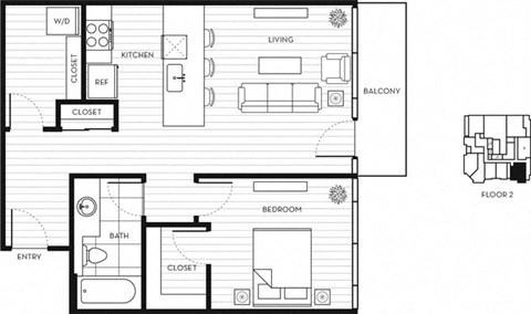 Floor plan for 1 bed, 1 bath, 759 sqft