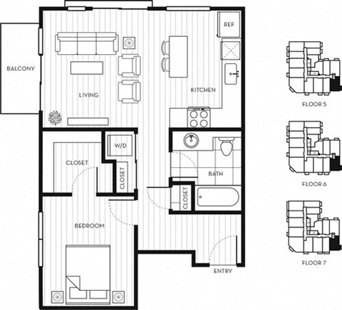 Floor plan for 1 bed, 1 bath, 710 sqft
