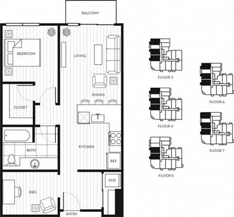 Floor plan for 1 bed, 1 bath, 762 sqft