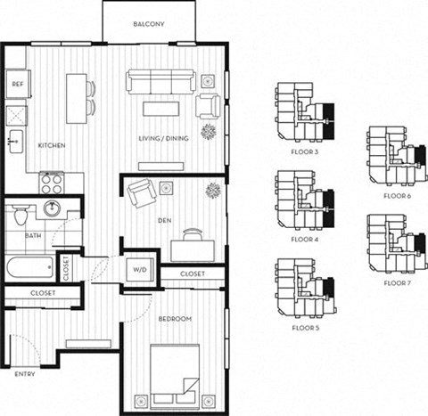 Floor plan for 1 bed, 1 bath, 797 sqft