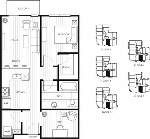 Floor plan for 1 bed, 1 bath, 761 sqft