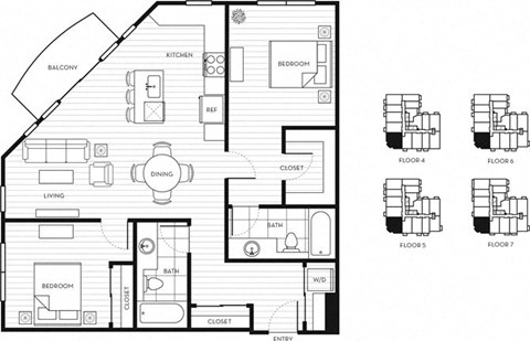 Floor plan for 2 beds, 2 baths, 1099 sqft