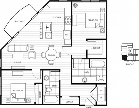Floor plan for 2 beds, 2 baths, 1099 sqft
