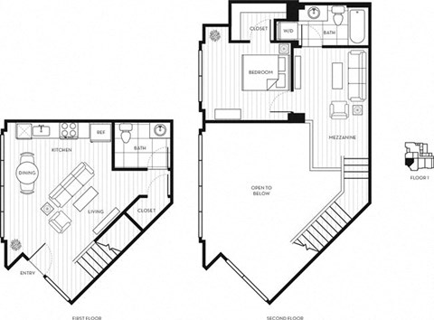 Floor plan for 1 bed, 1.5 baths, 892 sqft