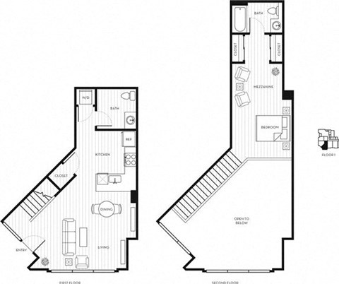 Floor plan for 1 bed, 1.5 baths, 939 sqft