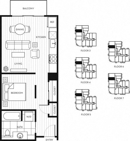 Floor plan for 1 bed, 1 bath, 551 sqft