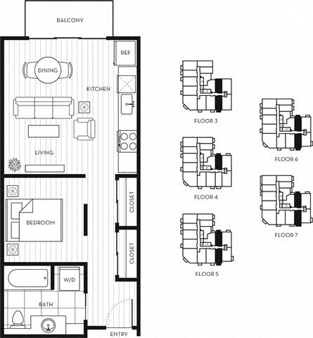 Floor plan for 1 bed, 1 bath, 553 sqft