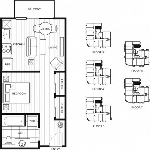 Floor plan for 1 bed, 1 bath, 487 sqft