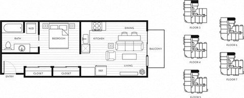 Floor plan for 1 bed, 1 bath, 543 sqft