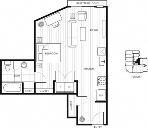Floor plan for studio, 1 bath, 609 sqft