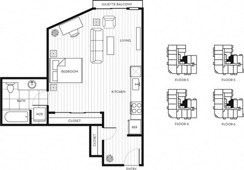 Floor plan for studio, 1 bath, 609 sqft